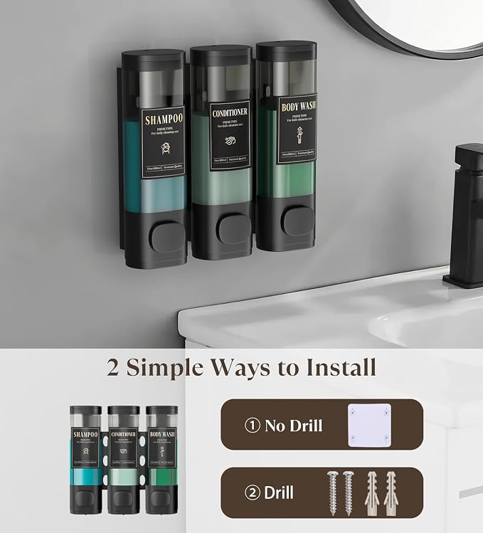Luxspire Shampoo and Conditioner Dispenser, Shower Soap Dispenser 3-Chamber | Lockable Large Capacity 900ml No-Drill Wall-Mounted Shampoo and Body Wash Dispenser for Bathroom Hotel Kitchen Airbnb