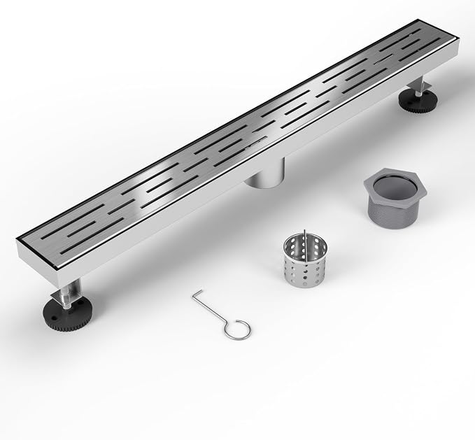 Shower Drain Stainless Steel for Bathroom: Brushed Nickel Linear Shower Drain 24 Inch with Removable Brick Pattern Grate - Adjustable Rectangular Shower Floor Drain with Hair Strainer