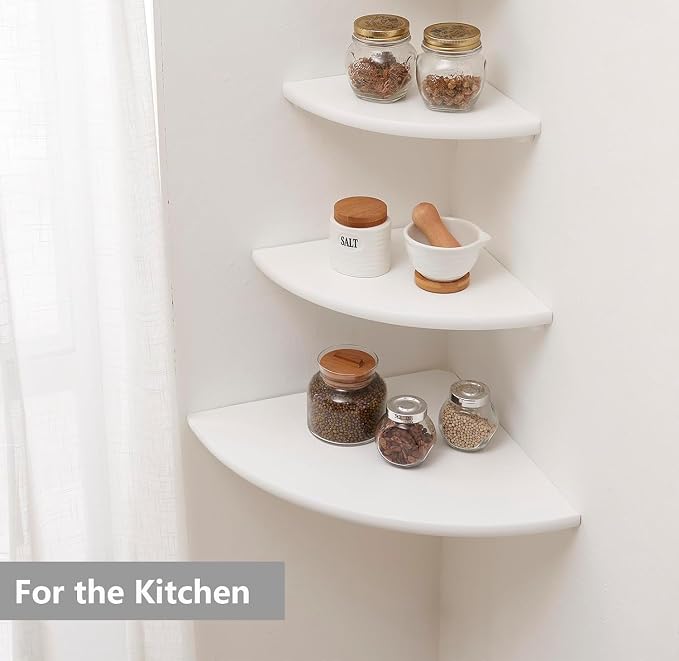 Corner Shelf, Solid Oak Wood Floating Corner Shelf Wall Mount Round End Floating Speaker with Wire Hole for Small Plant Photo for Bedroom Kitchen, Living Room White