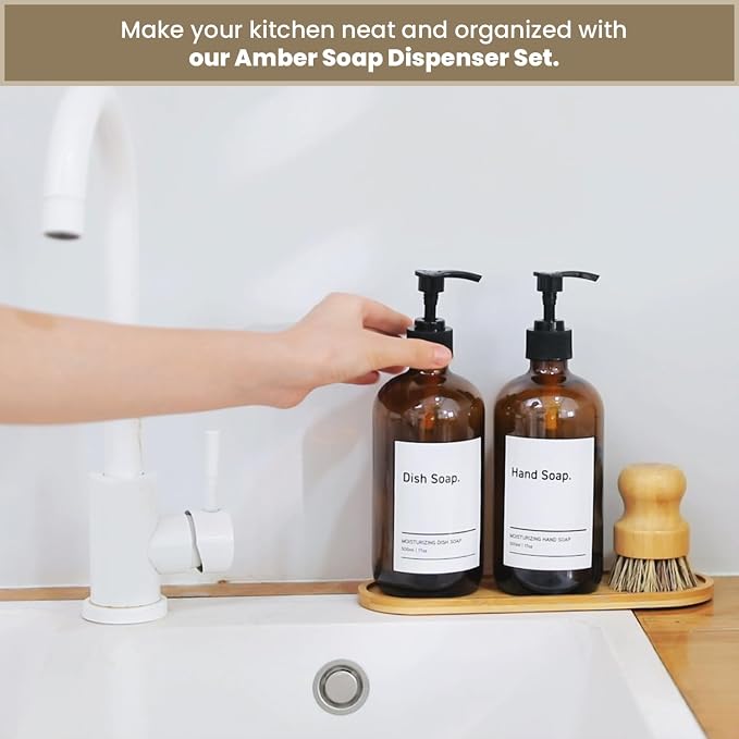 SIDIQI Design Glass Soap Dispenser Set of 2 with Plastic Pumps, Bamboo Tray, Brush & Labels - Ideal for Bathroom & Kitchen Countertop - 500ml/17 Oz
