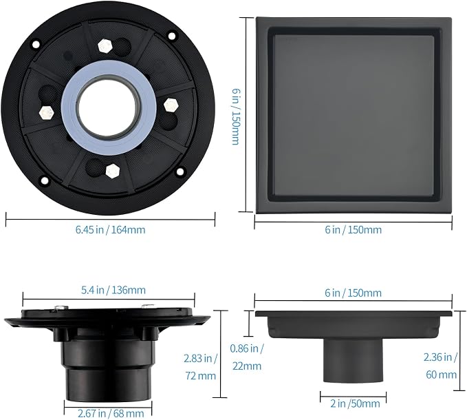 6-Inch Square Shower Drain, Matte Black Floor Drain with Flange, 304 Stainless Steel Bathroom 2-in-1 Tile Drain