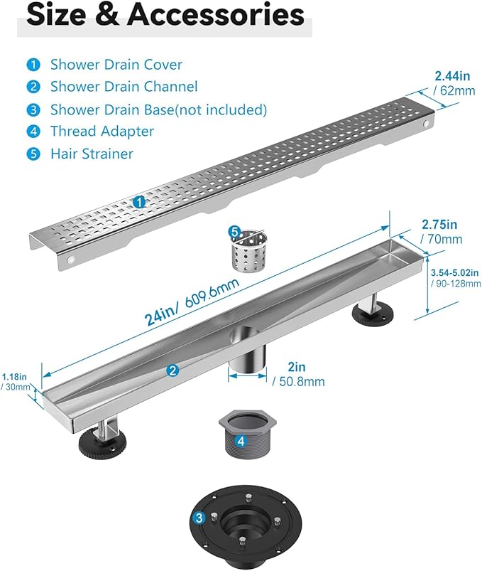 Shower Drain, Linear Shower Drain 24 Inch(Brushed Nickel),Modern 304 Stainless Steel Shower Floor Drain with Grate Removable, Adjustable Leveling Feet, Rectangular Shower Drain