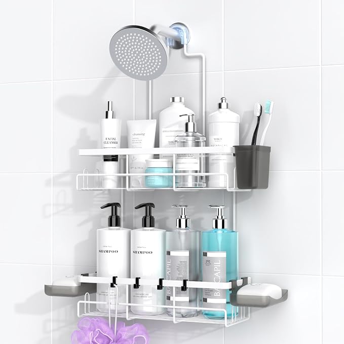 Hanging Shower Caddy Over Showerhead - Rustproof No Drill Shower Organizer | Includes Soap Holder and Hooks for Shampoo, Conditioner, and Bathroom Essentials with Quick Drainage Design