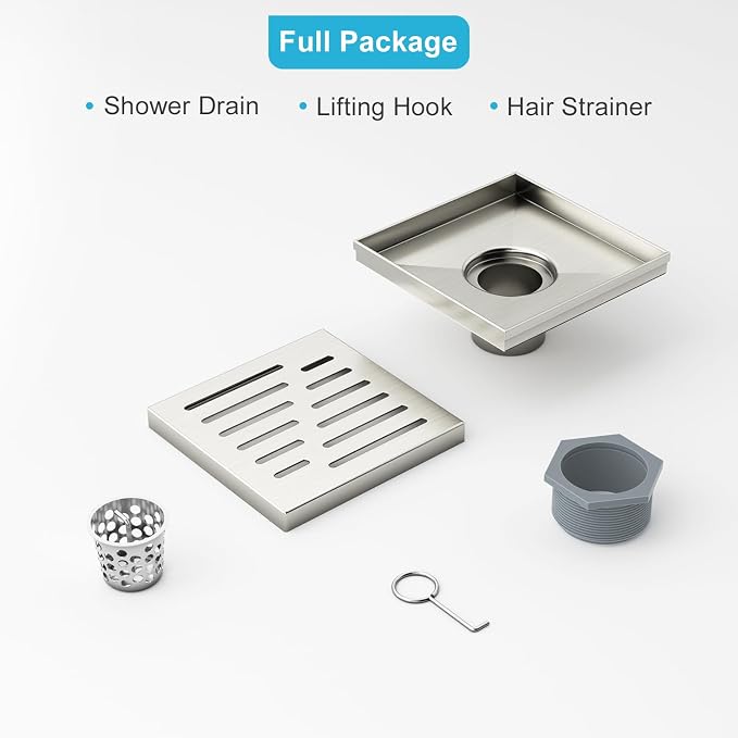 6 Inch Square Shower Drain, EMBATHER 304 Stainless Shower Floor Drain and Shower Drain Cover Included Hair Catcher and Leveling Feet, Brushed Nickel