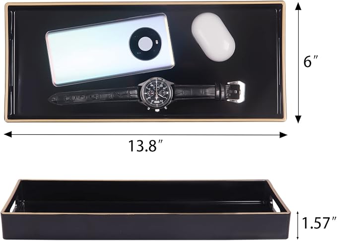 MAONAME Black Vanity Tray Set of 2, Plastic Decorative Tray with Handles, Small Narrow Trays, Rectangular Bathroom Trays for Toilet Tank, 13.8" X 6" X 1.57"