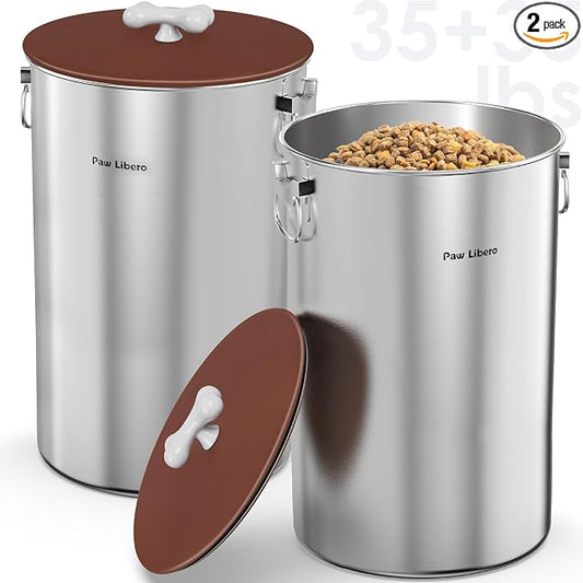 Paw Libero 2PK 35 Lbs Stainless Steel Dog Food Storage Container with Airtight Lid & Ceramic Bone Handle, Large Metal Dog Food Bin for Dogs & Cats, Keep Fresh, Easy to Clean