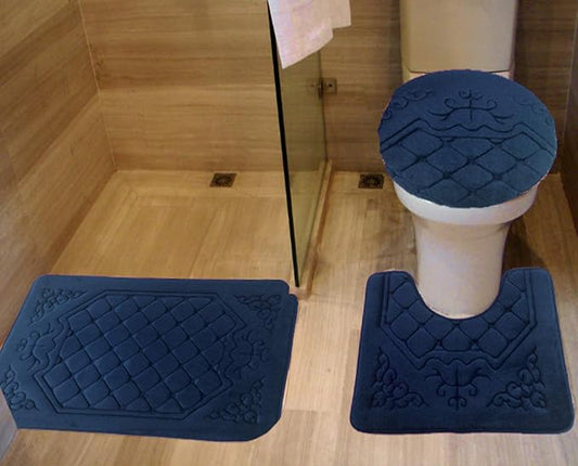 All American Collection 3PC Memory Foam Bath Mats Soft Plush Crown Design Anti-Slip Shower Bathroom Contour Toilet Lid Cover Rugs (Navy)