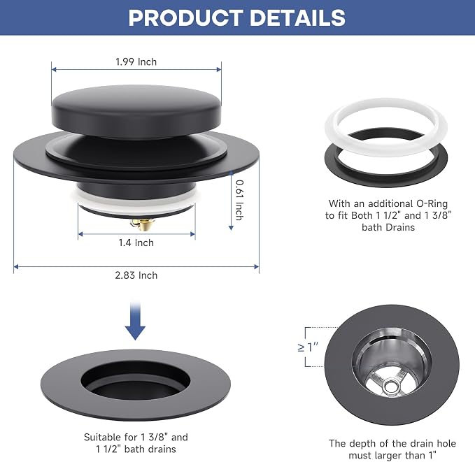 Matte Black Universal Tip Toe Tub Stopper Replacement, Pop Up Bathtub Drain Stoppers, Bathroom Bath Tub Drains Plug, Replaces Lift and Turn, Tip-Toe and Trip Lever drains for Tub, Easy Install