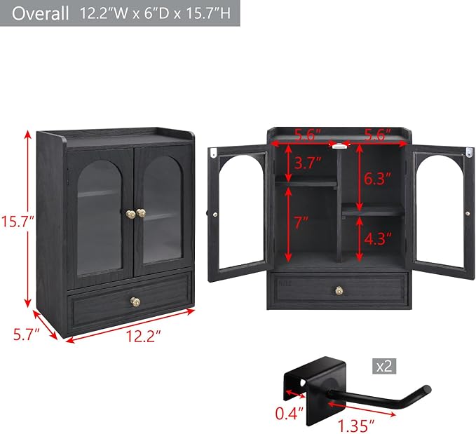 Ikee Design Wooden Countertop Storage Cabinet with Magnetic Door, Adjustable Shelves, Removable Hooks and Drawer for Perfume, Makeup, Pantry, Black Color, 12.2 W x 6 D x 15.7 H in