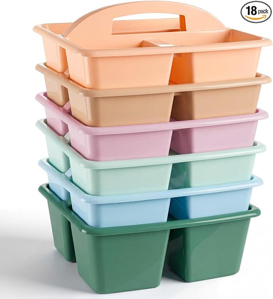 Kathfly 18 Pack Classroom Caddy Organizer with Handle, Plastic Art Craft Cleaning Caddy Bulk, Small Multipurpose Supply Organization Storage Basket for Table Desk Office Pencil Teacher (Morandi Color)