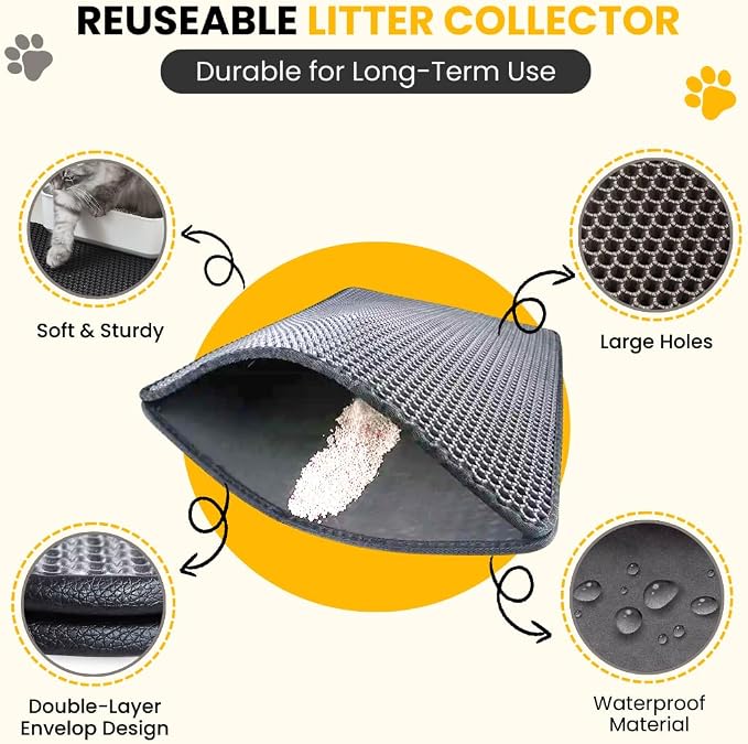 Andalus Brands Large Cat Litter Mat - Waterproof & Urine-Proof Litter Box Mat, Non-Slip Kitty Litter Mats for Floor, Easy to Clean Litter Trapping Design (30" x 24", Grey)