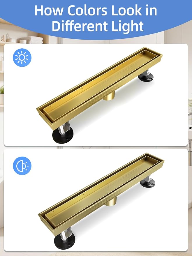 Linear Shower Drain, 42 Inch Titanium GoldShower Drain with Removable Tile Insert Grate, 2 in 1 Bathroom 304 Stainless Steel Brushed Gold Shower Floor Drain with Adjustable Feet,Hair Filter