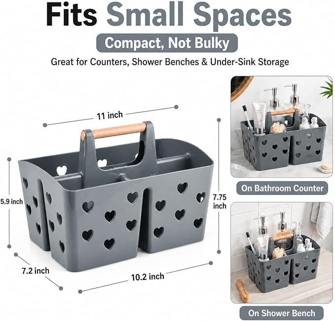 NINU Gray Portable Shower Caddy with Wooden Handle, Large Plastic Shower Basket Tote with 3 Compartments & Drain Holes, Bathroom Organizer for College Dorm, Gym, Camping, Vanity