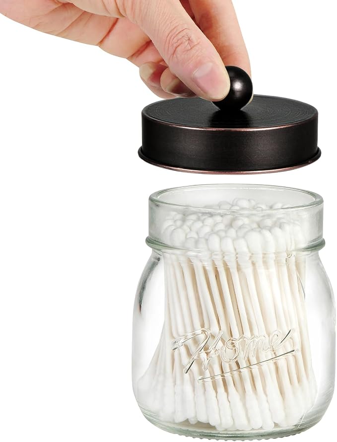 SheeChung Small Glass Mason Jar Qtip Holder with ORB Stainless Steel Lid | Clear Apothecary Jar Canisters Set,Bathroom Jar Dispenser,Vanity Storage Organizer for Cotton Swab,Ball,Floss,Farmhouse Decor