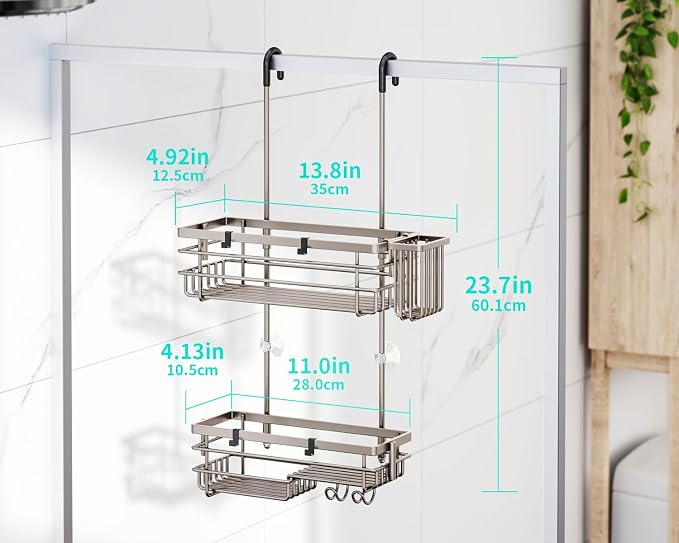 HapiRm Hanging Shower Caddy Organizer - No Drilling Shower Shelves with Hooks and Toothbrush Holder, Rustproof 304 Stainless Steel Bathroom Organizer - Brushed Nickel