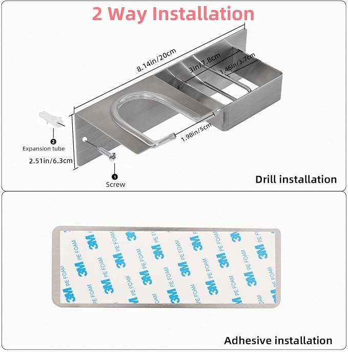 Hair Dryer Holder Wall Mounted, Hair Tool Organizer Wall Mount for Bathroom, Stainless Steel Hair Dryer Holder, Blow Dryer Holder Adhesive/Drilling Hair Dryer and Straightener Holder UEMUSI