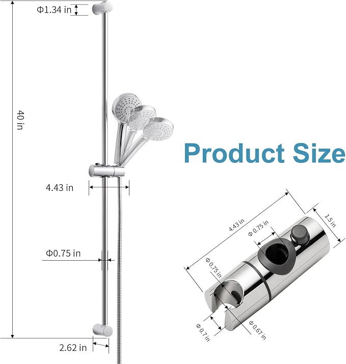 OFFO Shower Slide Bar Combo, Adjustable 39 in Slide Bar with 3-Mode Round Handheld Shower Head and 60 in Stainless Steel Hose, Screw Wall Mounted, Chrome Finish