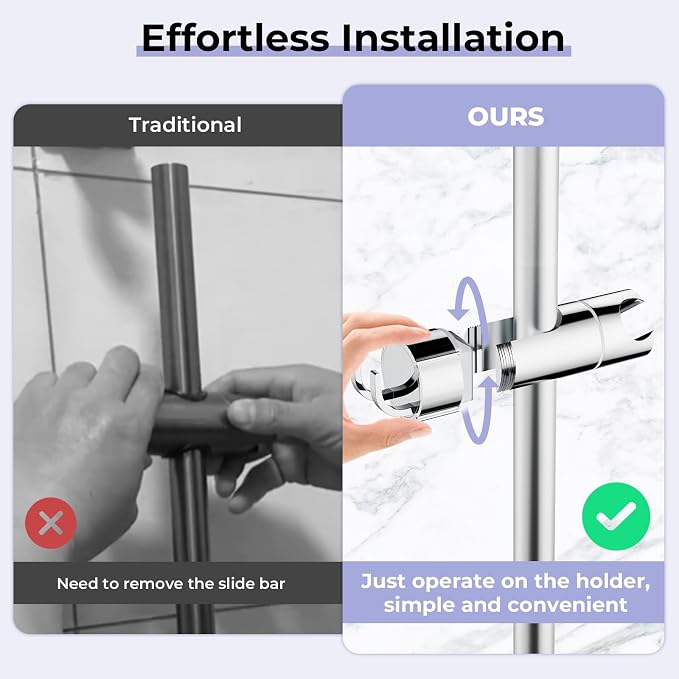 Adjustable Shower Head Holder with 2 Hooks, Universal Shower Holder Bracket for 16-27mm Slide Rod, Chrome Plated Shower Slider Rail Clamp Shower Holder Replacement, Easy Installation