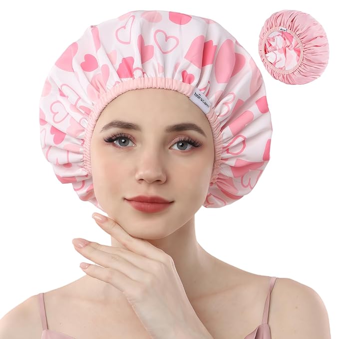 Years calm Shower Caps for Women Reusable Waterproof Double Layer Hair Cap | Both Sides Usable, Reversible Pattern & Solid Color Design, Soft Elastic Keeps Hair Dry for shower Spa Travel