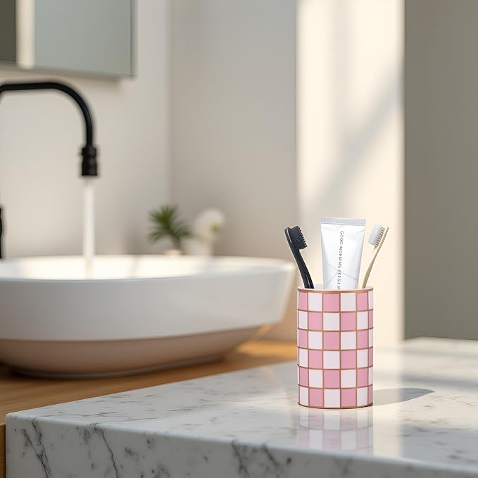 Bathroom Toothbrush Holder Set, Ceramic Checkered Soap Dispenser and Tooth Brush Holder Set, Modern Bathroom Accessories Sets Countertop, Black and White Checkered Bathroom Decor Set (Pink)