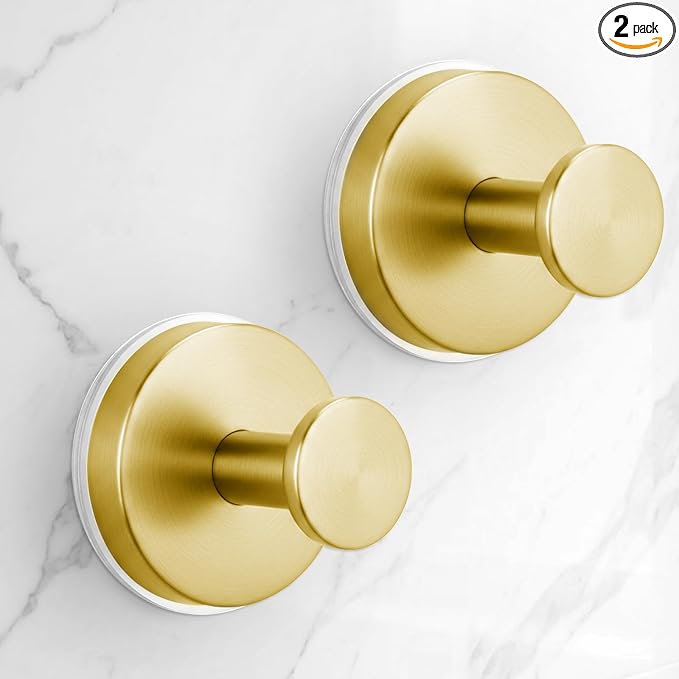 Large Suction Cup Hooks for Shower,Glass Window&Door,Mirror,Reusable Shower Hooks,No-Drill Removable Towel Hooks for Bathroom,2 Packs(Brushed Gold)