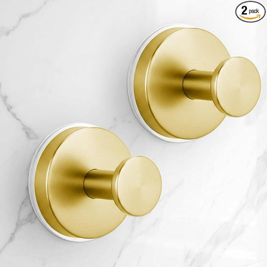 Large Suction Cup Hooks for Shower,Glass Window&Door,Mirror,Reusable Shower Hooks,No-Drill Removable Towel Hooks for Bathroom,2 Packs(Brushed Gold)