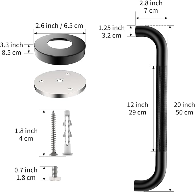 2 Pack 20 Inch Bathroom Grab Bar, ZUEXT Matte Black Safety Grab Bar w/Knurled Grip, Stainless Steel Anti-Slip Safety Handrail for Toilet, Shower, Bathtub, Wall Mounted Support Bar for Seniors Elderly