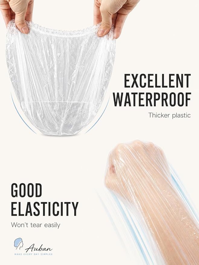 Auban 100PCS Disposable Shower Caps Independent Packing, Plastic Clear Hair Cap Large Thick Waterproof Bath Caps for Women, Travel Essentials Accessories (20.5")