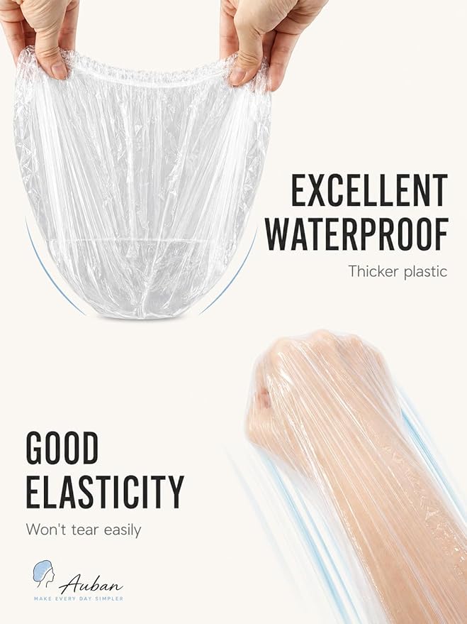 Auban 100PCS Disposable Shower Caps, Plastic Clear Hair Cap Large Thick Waterproof Bath Caps for Women, Hotel Travel Essentials Accessories Deep Conditioning Hair Care Cleaning Supplies(20.5")