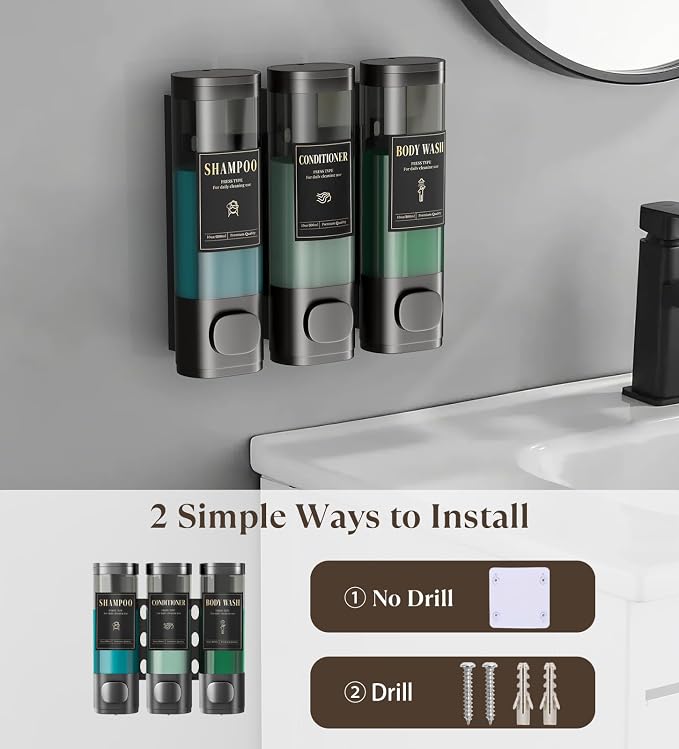 Luxspire Shampoo and Conditioner Dispenser, Shower Soap Dispenser 3-Chamber | Lockable Large Capacity 900ml No-Drill Wall-Mounted Shampoo and Body Wash Dispenser for Bathroom Hotel Kitchen Airbnb