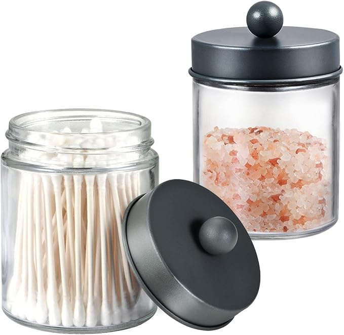 Amolliar 6 Pack Apothecary Jars Bathroom Organizer - Rustic Farmhouse Decor Qtip Holder with Stainless Steel Lids - Glass Bathroom Storage Canisters for Cotton Swabs, Rounds, Balls, Flossers (Grey)