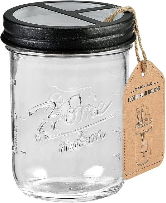SheeChung Mason Jar Toothbrush Holders, Bathroom Accessories, Bathroom Essentials, Bathroom Organizers and Storage, Bathroom Countertop Organizer, Glass Toothbrush Holders for Bathroom-Black