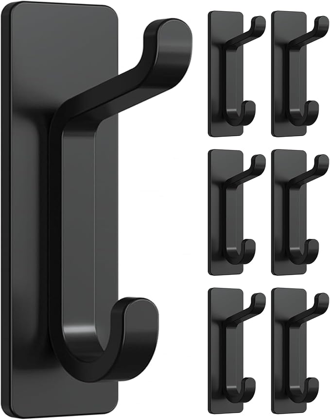 6 Pack Self Adhesive Wall Hooks for Hanging: Extra Strong 13 LB, Hook for Coat, Towel in Bathrooms, Shower, Kitchen, Wall, Door Hook, Black