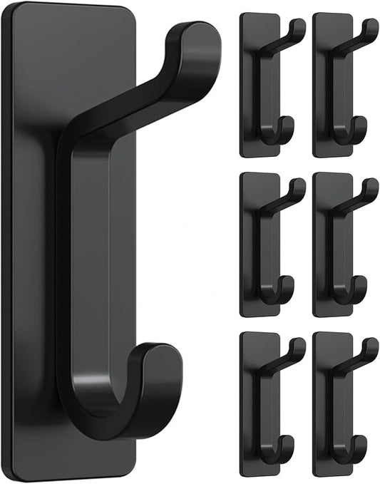 6 Pack Self Adhesive Wall Hooks for Hanging: Extra Strong 13 LB, Hook for Coat, Towel in Bathrooms, Shower, Kitchen, Wall, Door Hook, Black