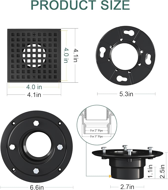 4 Inch Shower Floor Drain with Flange - Square Shower Drain with Hair Strainer - Removable Grid Strainer Cover - SUS304 Stainless Steel - Matte Black