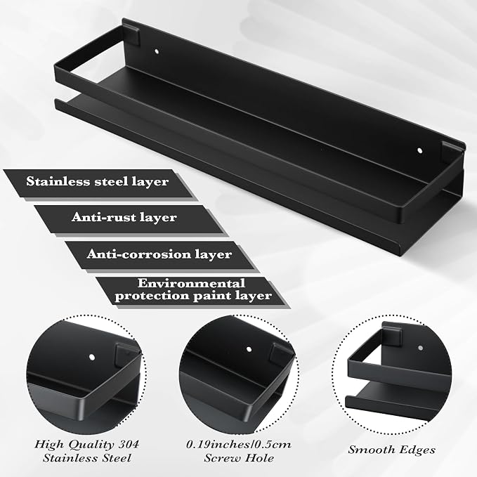 Lallisa 2 Pieces Stainless Steel Shelf Bathroom Shower Floating Shelves Wall Mounted Shower Caddy Basket Shelf Storage Organizer Shelves for Bathroom, Kitchen, Living Room(11.81 Inch/ 30 cm,Black)