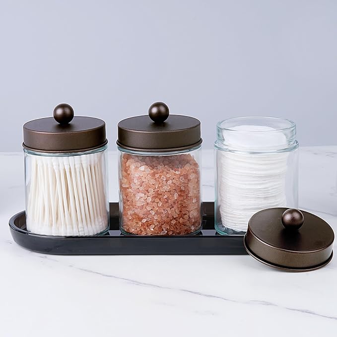 SheeChung 3 Pack Glass Apothecary Jars with Acrylic Vanity Tray | Bathroom Jars with Lids Set with for Qtip, Cotton Ball, Floss Picks - Modern Industrial Style - Bathroom Organizer (Bronze)