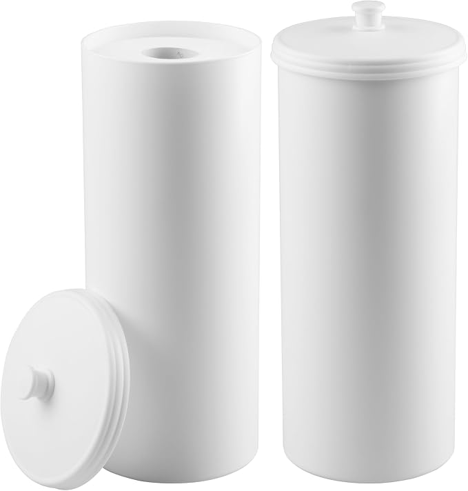iDesign Freestanding Bathroom Toilet Paper Storage Holder, 2-Pack, White | With Lid, Holds 3 Extra Rolls