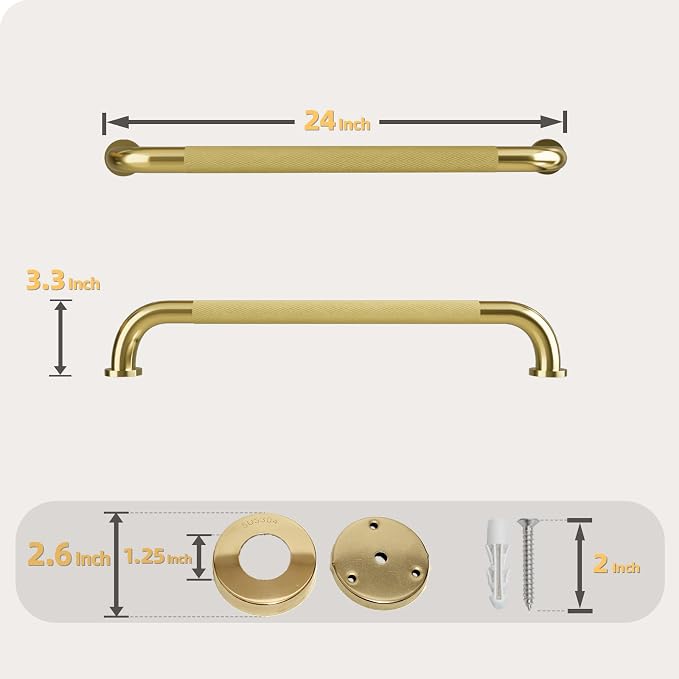 24 Inch Shower Grab Bar, Brushed Gold Bathroom Grab Bar Handle with Anti-Slip Knurled Grip, Stainless Steel Bath Balance Bar, 1.25" Diameter Bath Safety Bar Support for Seniors Elderly Pregnant