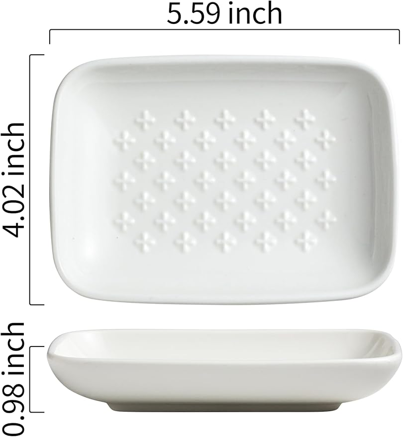 Gomakren Ceramic Soap Dish, 5.5in Shower Soap Holder Bathroom Sink, White | Prevents soggy soap, non-slip bottom, easy to clean, stackable counter decor, multi-use for kitchen sink, sponge & jewelry