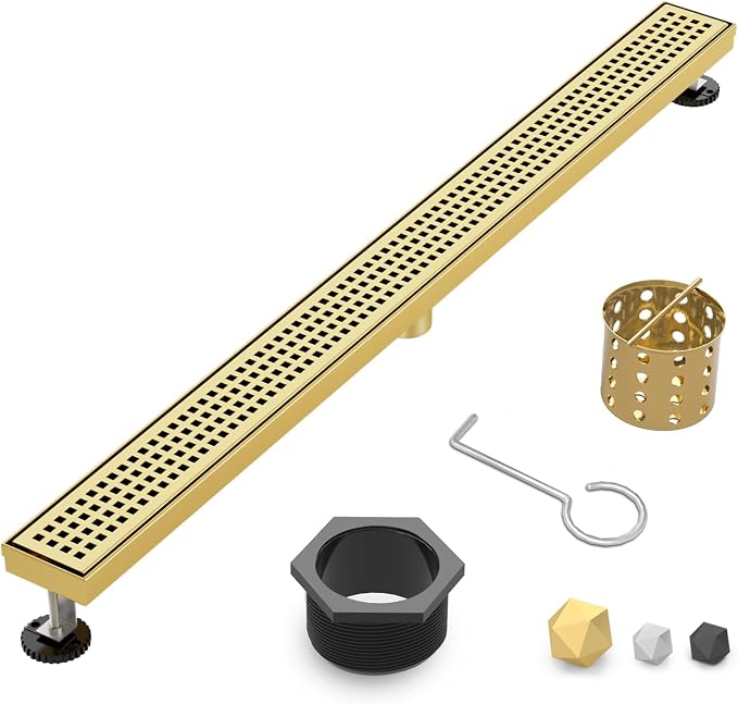 Linear Shower Drain | 48 Inch AISI 304 Stainless Steel Shower Drain, Brushed Gold Linear Drain with Removable Quadrato Grate Cover & Adjustable Feet, Rectangle Floor Drain, in Bathroom Balcony etc