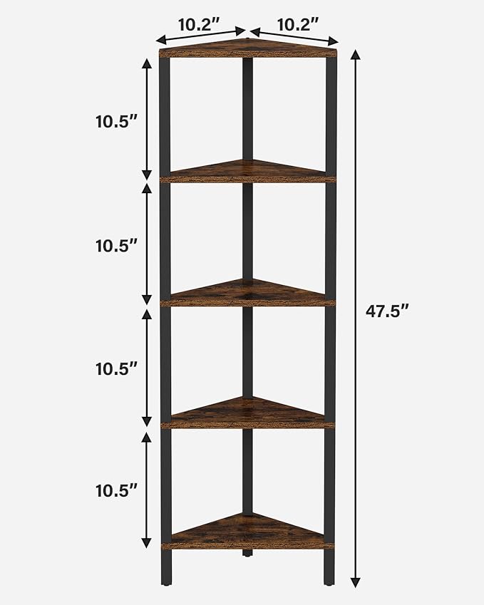 TUTOTAK Corner Shelf, 5-Tier Corner Bookshelf for Small Space, Narrow Display Corner Shelf Stand with Storage Rack, for Living Room, Bedroom, Rustic Brown BS05BB005