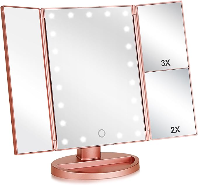Flymiro Tri-fold Lighted Vanity Makeup Mirror with 3x/2x Magnification,Light up Mirror for Makeup,Touch Screen 21 LEDs,180° Rotation Countertop Cosmetic Mirror,Gifts for Women Mom Teen Girls