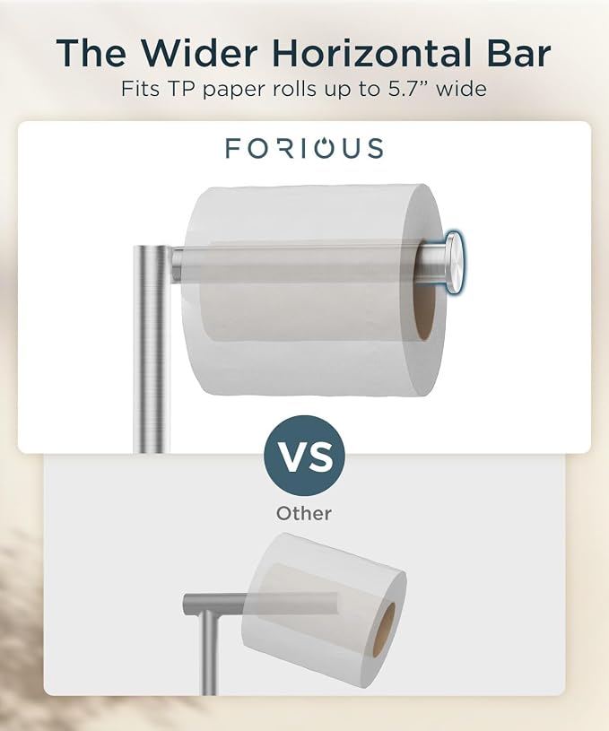 FORIOUS Toilet Paper Holder Stand with Storage for 4 Rolls, Brushed Nickel | Modern Freestanding SUS 304 Stainless Steel Bathroom Tissue Roll Organizer with Heavy Anti-Slip Weighted Base