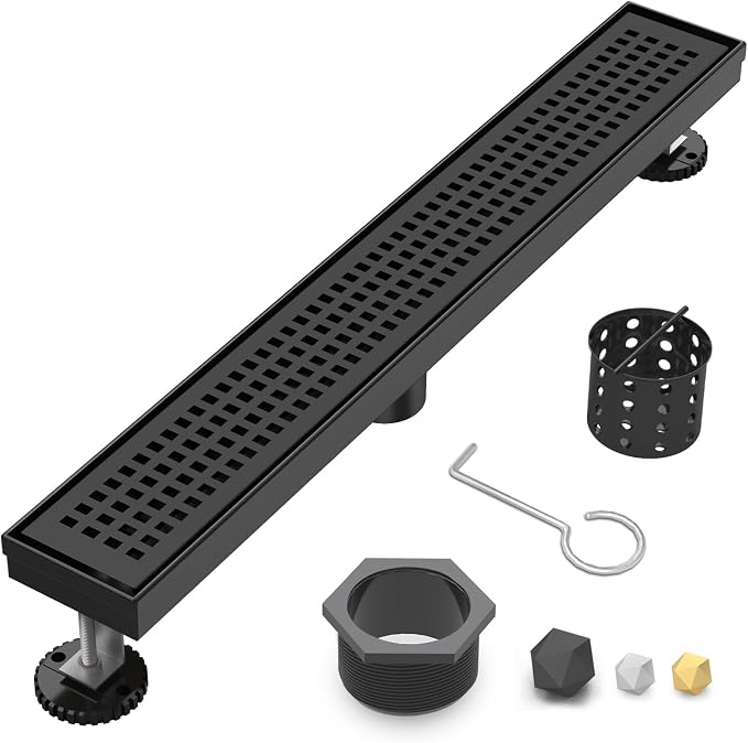 Linear Shower Drain | 32 Inch AISI 304 Stainless Steel Shower Drain, Matte Black Linear Drain with Removable Quadrato Grate Cover & Adjustable Feet, Rectangle Floor Drain, in Bathroom Balcony etc
