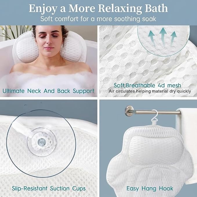 Spa Bath Pillow for Tub — Bathtub Pillow for Head Neck & Back Support, Ergonomic 4D Air Mesh, 6 Suction Cups (Smooth Tubs Only), Machine Washable with Laundry Bag