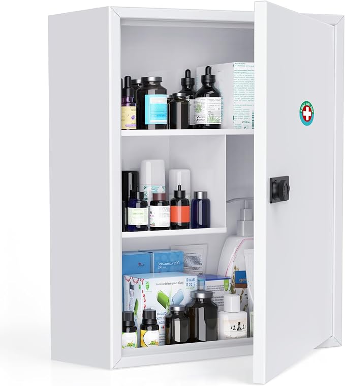 Uniclife Wall Mount Medicine Cabinet with Combination Lock, Locking First Aid Cabinet, Lockable Medical Cabinet, Large Capacity Medicine Organizer, Secure Steel Wall Cabinet Metal Storage Box, White