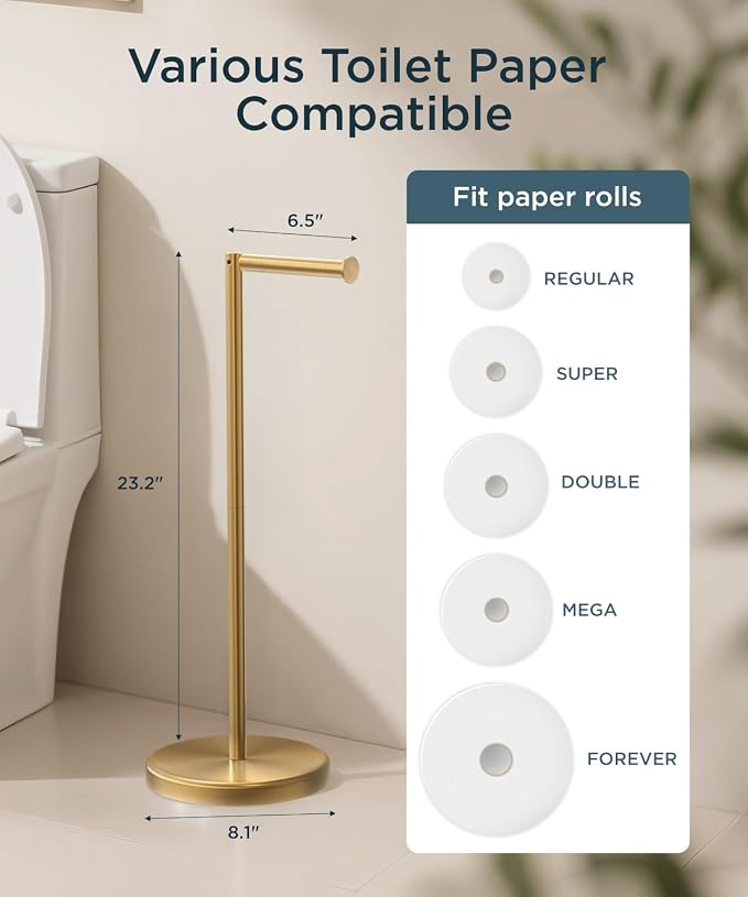 FORIOUS Toilet Paper Holder Stand, 4 Roll Storage, Weighted Base | Brushed Gold | Freestanding Tissue Roll Holder | SUS304 Stainless Steel Rustproof | Bathroom Toilet Paper Stand | Modern
