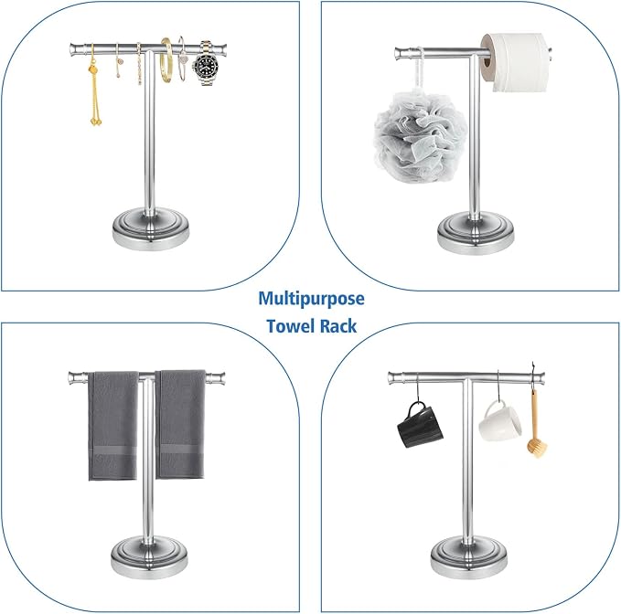 RUMOSE 13 Inch Polished Chrome Towel Stand Hand Towel Holder Bathroom Kitchen Vanity Countertop T-Shape Towel Rack Free Standing Stainless Steel Towel Bar Towel Ring