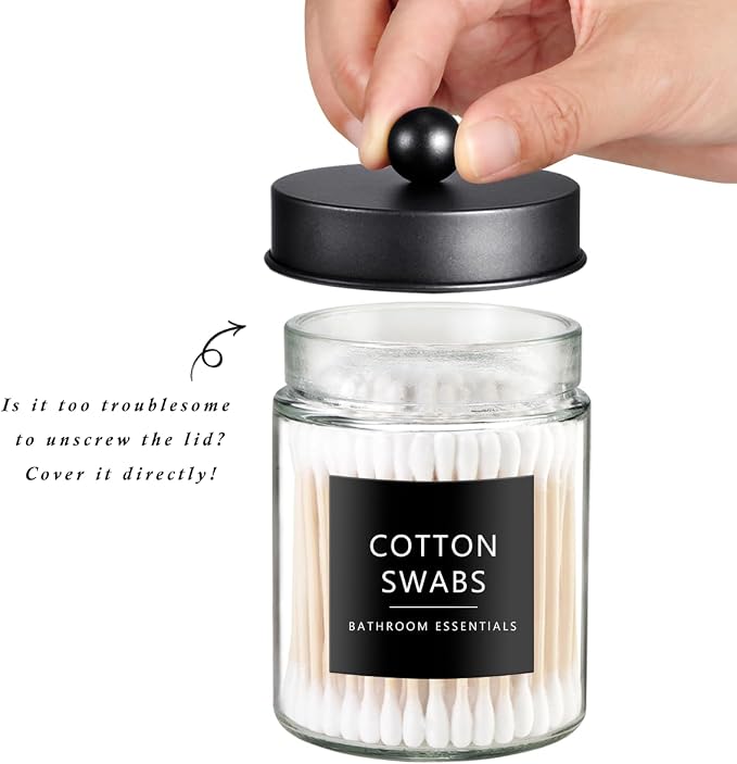 SheeChung 2 Pack Glass Qtip Holder with ORB & Black Stainless Steel Lids | Apothecary Jars with Stickers, Countertop Canister Guest Bathroom Storage Organizer Set for Cotton Swabs/Balls, Floss Picks